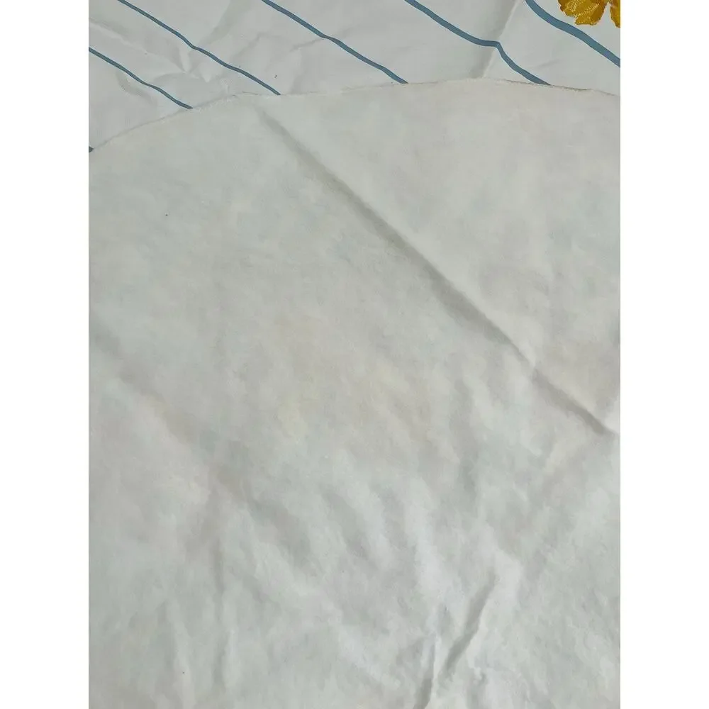 Vinyl Flannel Back Tablecloth Round IRIS FLOWER Yellow Pink Blue Stripes Vintage